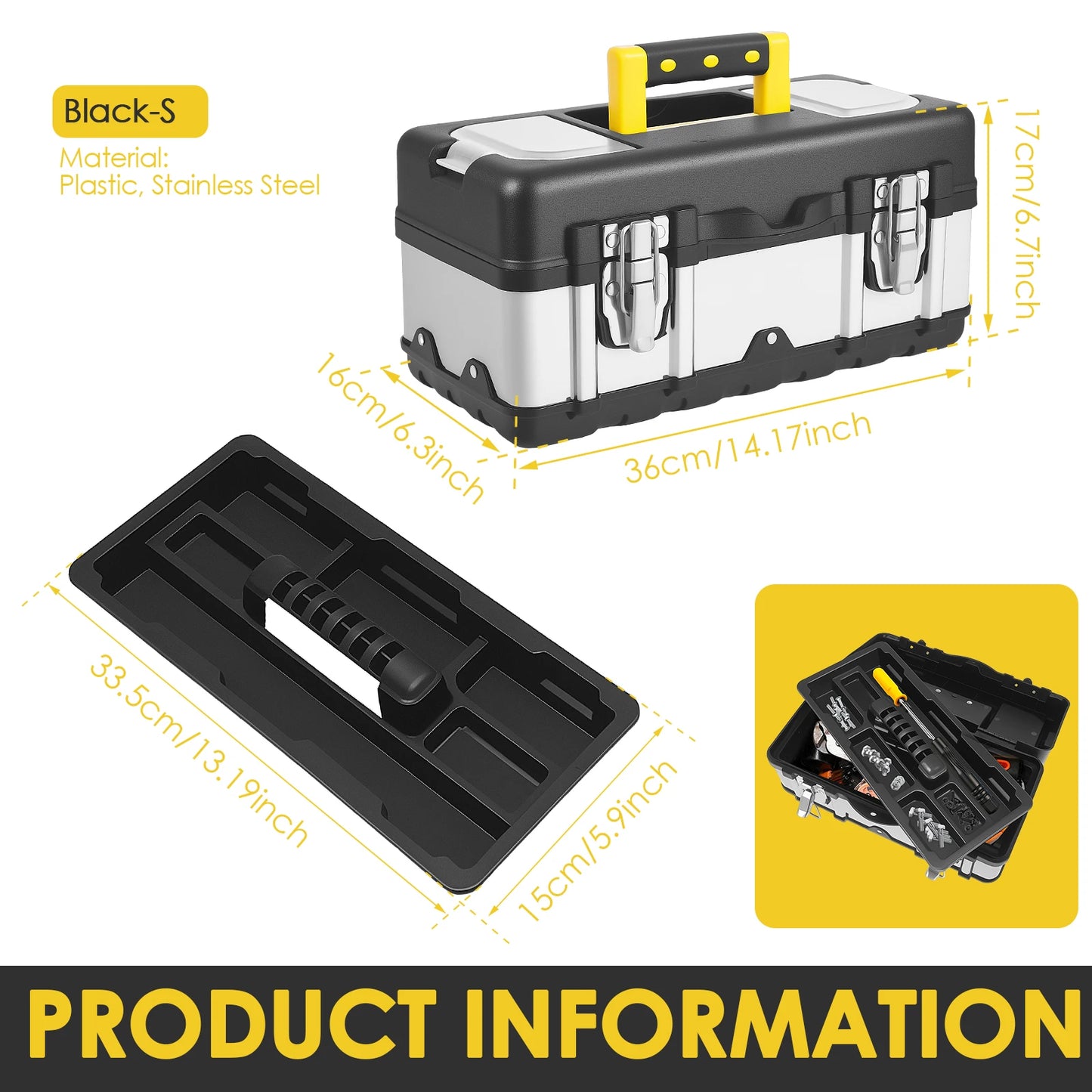 Tool Box, Deep, Long Handle, Extra Large Design, Fixed Divider for Tool Organization, Water and Debris Resistant
