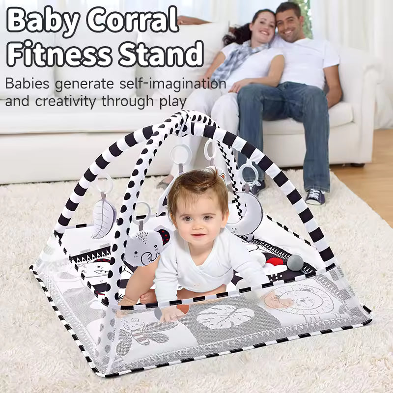 3-in-1 Plush Baby Play Gym, Activity Mat with Convertible Gym and Pillow, 5 Sensory Toys, Play Center from Newborn to Toddler