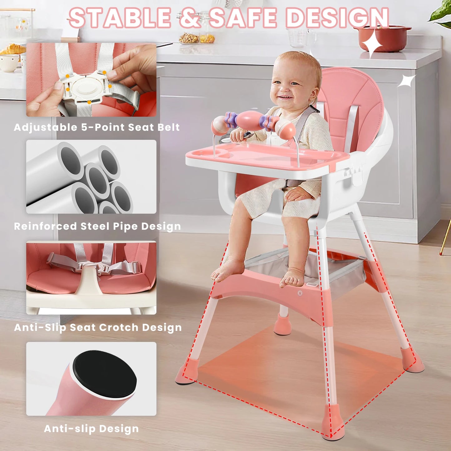 Baby High Chair, Convertible Infant Feeding Chair for Babies & Toddlers Table, Dining Booster Seat with Removable Tray