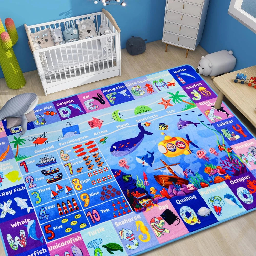 Baby Play Mat, Playpen Mat with Super Soft Touch, Activity Mats with Upgraded Anti-Slip Bottom, Machine Washable Crawling Mats for Floor & Picnic (Animal Alphabets)