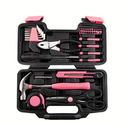 39pc Pink Home DIY Repair Tool Kit Set. Women Ladies Beginner Complete Hand Tools in a Portable Toolbox Case for the Household and Office