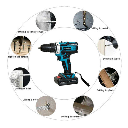 Cordless Drill: Multifunctional 21V rechargeable impact drill lithium battery cross-border flashlight gun drill electric screwdriver electric dr