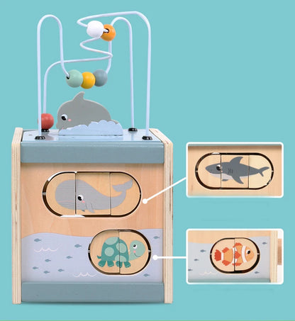 Wooden Activity Cube for Toddlers 5in1 Animal Shape Sorter Bead Maze Montessori Educational Toys Baby 6-12 Months Learning Toys