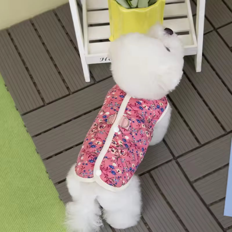 Dog Winter Jacket Dog Costume Navy Pink Sleeveless Vest Jacket Warm Comfortable Floral Cotton Vest Small Dog