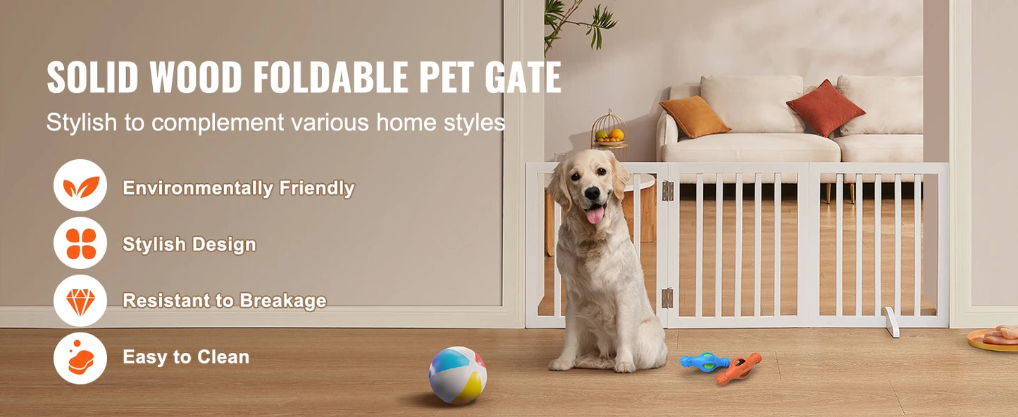 White Metal Dog Gate for Small Dogs - Short Freestanding Puppy Gate with Retractable Sliding Rail, No Installation, Indoor/Outdoor Use, Foldable & Portable Pet Barrier