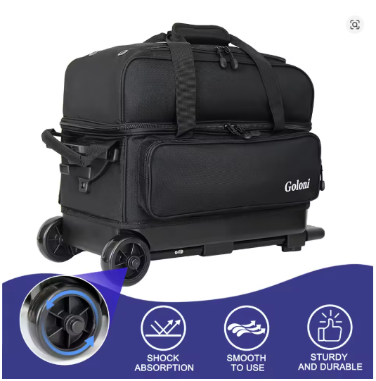 2 Ball Bowling Bag with Wheels, Double Bowling Ball Bag 2 Ball Roller w/Separate Compartment for Shoes