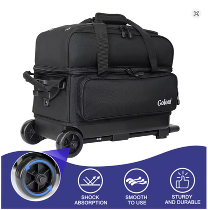 2 Ball Bowling Bag with Wheels, Double Bowling Ball Bag 2 Ball Roller w/Separate Compartment for Shoes
