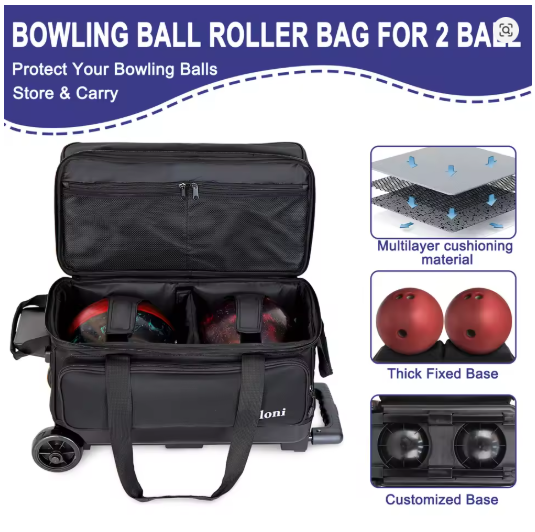 2 Ball Bowling Bag with Wheels, Double Bowling Ball Bag 2 Ball Roller w/Separate Compartment for Shoes