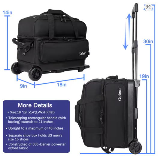 2 Ball Bowling Bag with Wheels, Double Bowling Ball Bag 2 Ball Roller w/Separate Compartment for Shoes