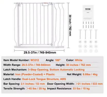 30" Extra Tall Baby Gate for Stairs, Dog Gate for Doorways, Walk Thru Auto Close Metal Child Gate for The House, Stairs and Doorways, Pet Gate Pressure Mounted Dog Gate Indoor