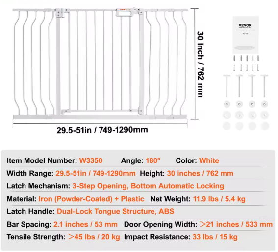 30" Extra Tall Baby Gate for Stairs, Dog Gate for Doorways, Walk Thru Auto Close Metal Child Gate for The House, Stairs and Doorways, Pet Gate Pressure Mounted Dog Gate Indoor