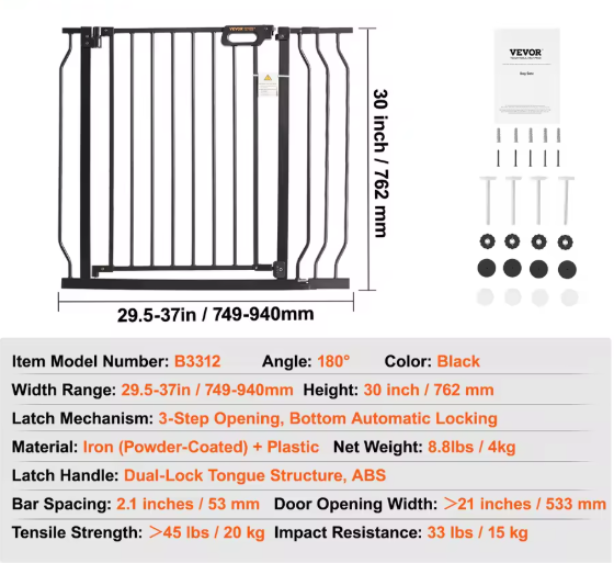 30" Extra Tall Baby Gate for Stairs, Dog Gate for Doorways, Walk Thru Auto Close Metal Child Gate for The House, Stairs and Doorways, Pet Gate Pressure Mounted Dog Gate Indoor