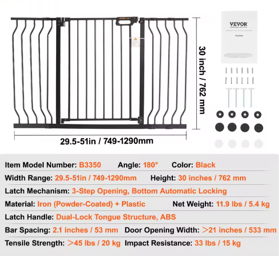 30" Extra Tall Baby Gate for Stairs, Dog Gate for Doorways, Walk Thru Auto Close Metal Child Gate for The House, Stairs and Doorways, Pet Gate Pressure Mounted Dog Gate Indoor