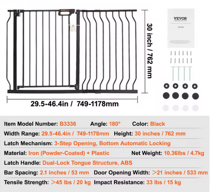 30" Extra Tall Baby Gate for Stairs, Dog Gate for Doorways, Walk Thru Auto Close Metal Child Gate for The House, Stairs and Doorways, Pet Gate Pressure Mounted Dog Gate Indoor