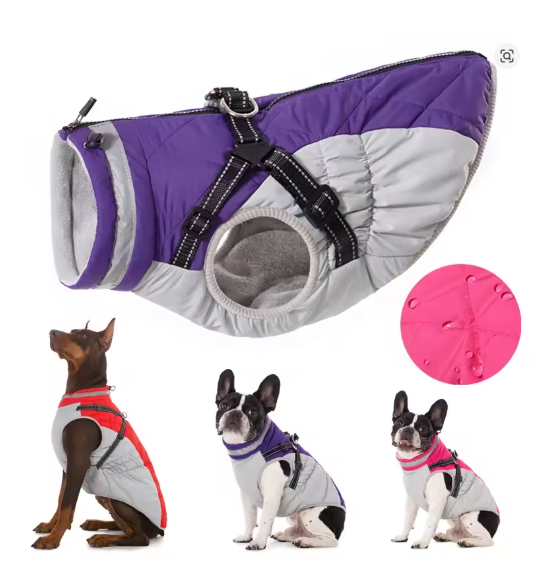 Small Dog Coat with Harness Built-in, Warm Dog Jacket with Zip, Reflective Winter Coat Pet Sweater Clothes for Small/Large Dogs