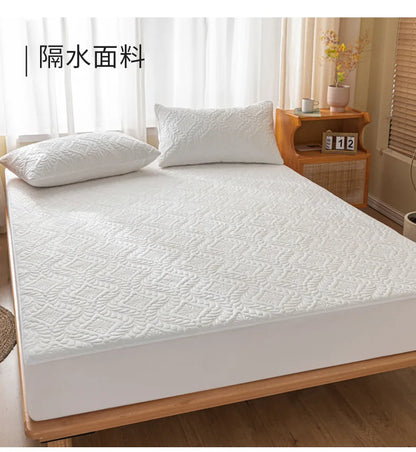 2025 new simple solid color washed cotton waterproof padded fitted sheet, No pillowcase, household mattress protective cover