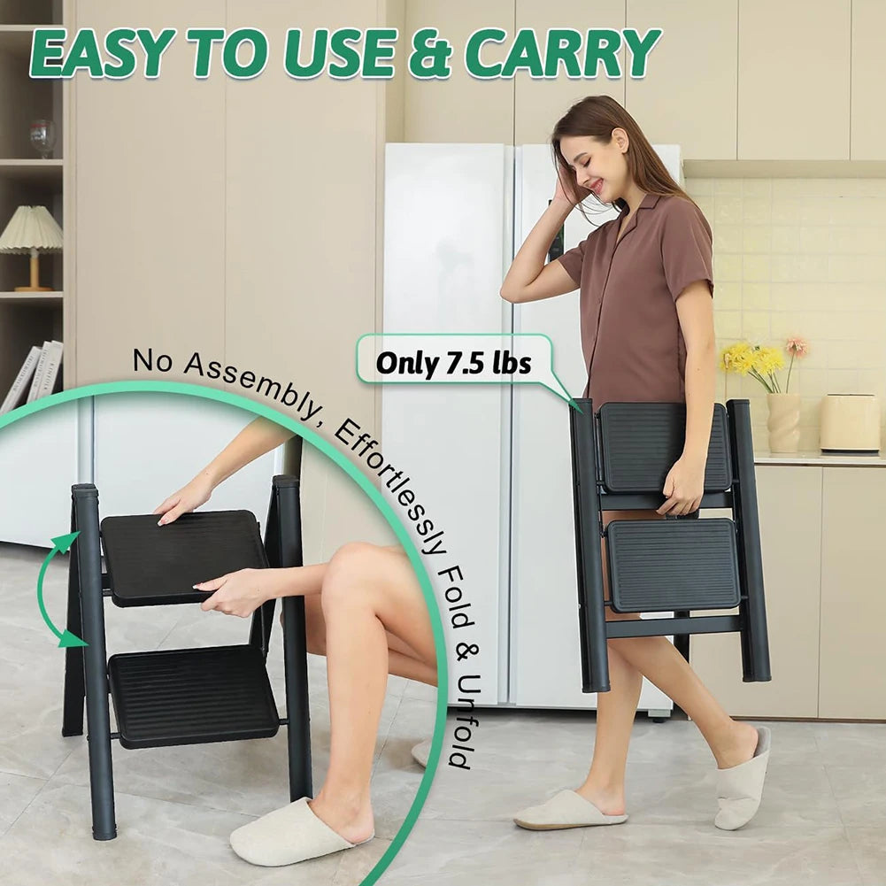 2/3 Step Foldable Step Ladder with Handgrip, 330 lbs Capacity, Anti-Slip Pedal, Lightweight & Portable for Home, Kitchen, Office, Garage