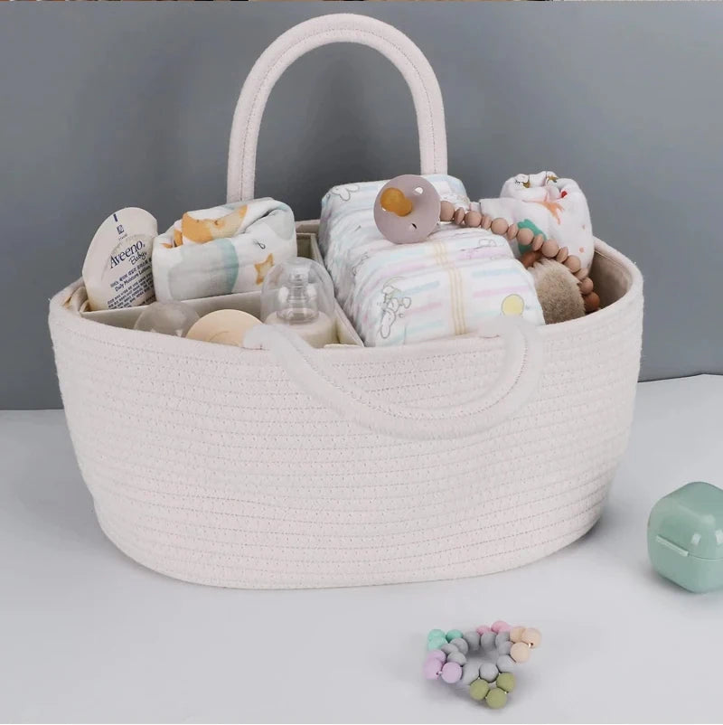 Baby Changing Basket Includes Diaper Caddy - Soft & Waterproof Dual-Cover, Portable, Changing Pad for Dresser & Changing Table, Gift for Baby Shower, Organic Cotton Rope