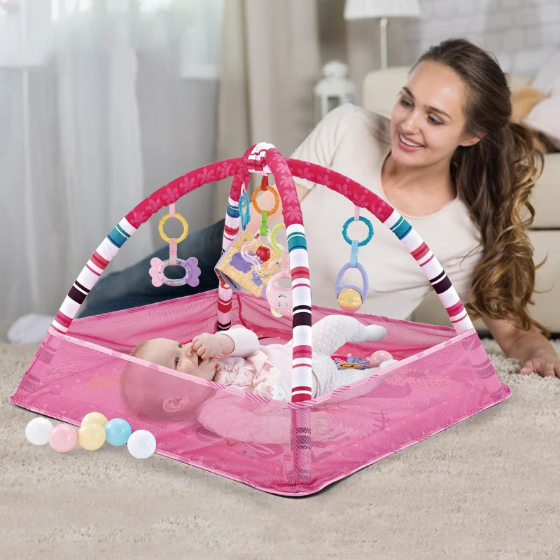 Baby Gym Play Mat, 8-in-1 Tummy Time Mat & Ball Pit with 6 Toys, Washable Baby Activity Mat for Visual, Hearing, Sensory, Motor Development, Babies Gift for Newborn Infant 0-3-6-9-12 Months