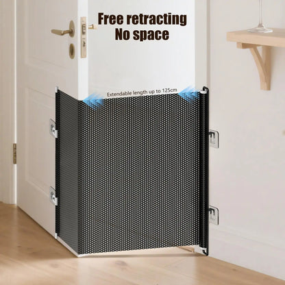 Tall Retractable Dog Gate Mesh Baby Fence Gate, Long Baby Gates Indoor Extra Long Gates for Kids or Pets, Outdoor Retractable Gate with Support Rods - Prevent Crawling Under