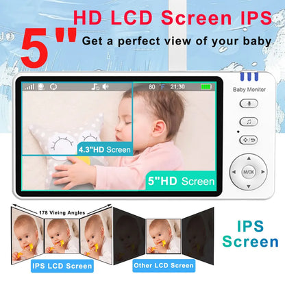 5" 720P HD IPS Screen Video Baby Monitor Pan Tilt 4X Zoom Camera Babysitter 2 Way Audio Night Vision 3500mAh Battery Lullaby VOX