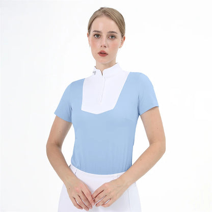 M LOGO Equestrian t-Shirts Short Sleeve Tops Horse Riding Clothing Women Button Training Rider Blouse Competition Show Top