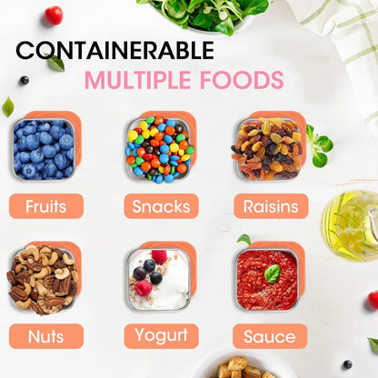 4Pcs 2/6oz Stainless Steel Snack Container Sauce Container with Silicone Lids Leakproof Portable Stackable Dressing Food Storage