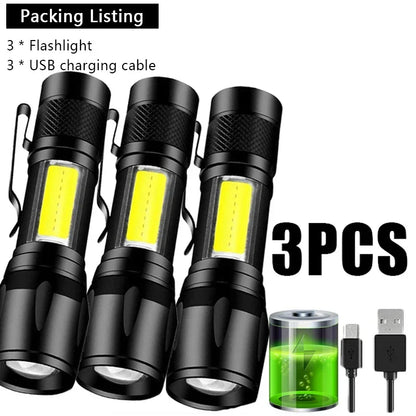 3 PCS Mini LED COB Flashlight Portable Rechargeable Torch with Pen Clip Zoomable Waterproof Light Tactical Lamp Camping Lantern