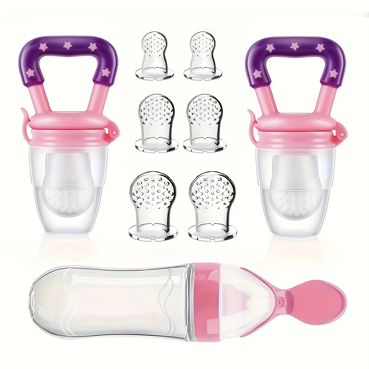 9pcs Baby Feeding Set: 1pc Silicone Squeeze Feeding Bottle With Spoon, 2pcs Fruit Feeder Pacifiers, 6pcs Mesh Pouches (2pcs S+2p