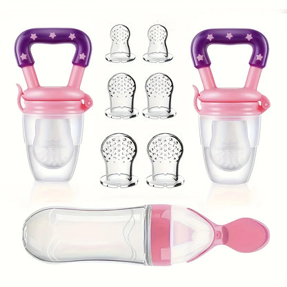 9pcs Baby Feeding Set: 1pc Silicone Squeeze Feeding Bottle With Spoon, 2pcs Fruit Feeder Pacifiers, 6pcs Mesh Pouches (2pcs S+2p