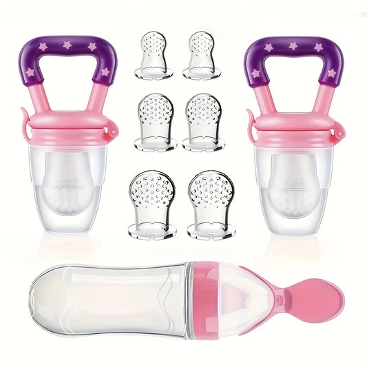 9pcs Baby Feeding Set: 1pc Silicone Squeeze Feeding Bottle With Spoon, 2pcs Fruit Feeder Pacifiers, 6pcs Mesh Pouches (2pcs S+2p