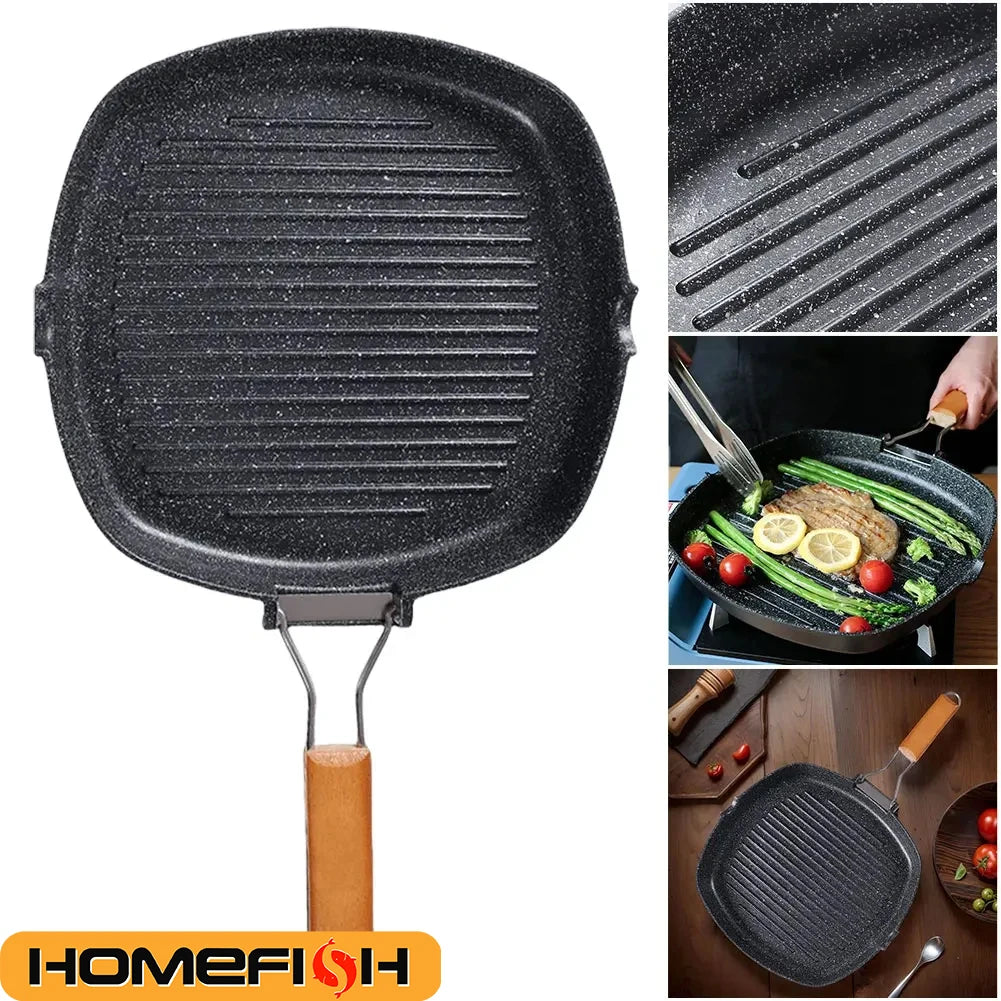 Foldable Portable Frying Pan Picnic Grill Pan Anti-scald Wooden Handle Outdoor Grill Pan Double Mouth Steak Pan(No Lid)