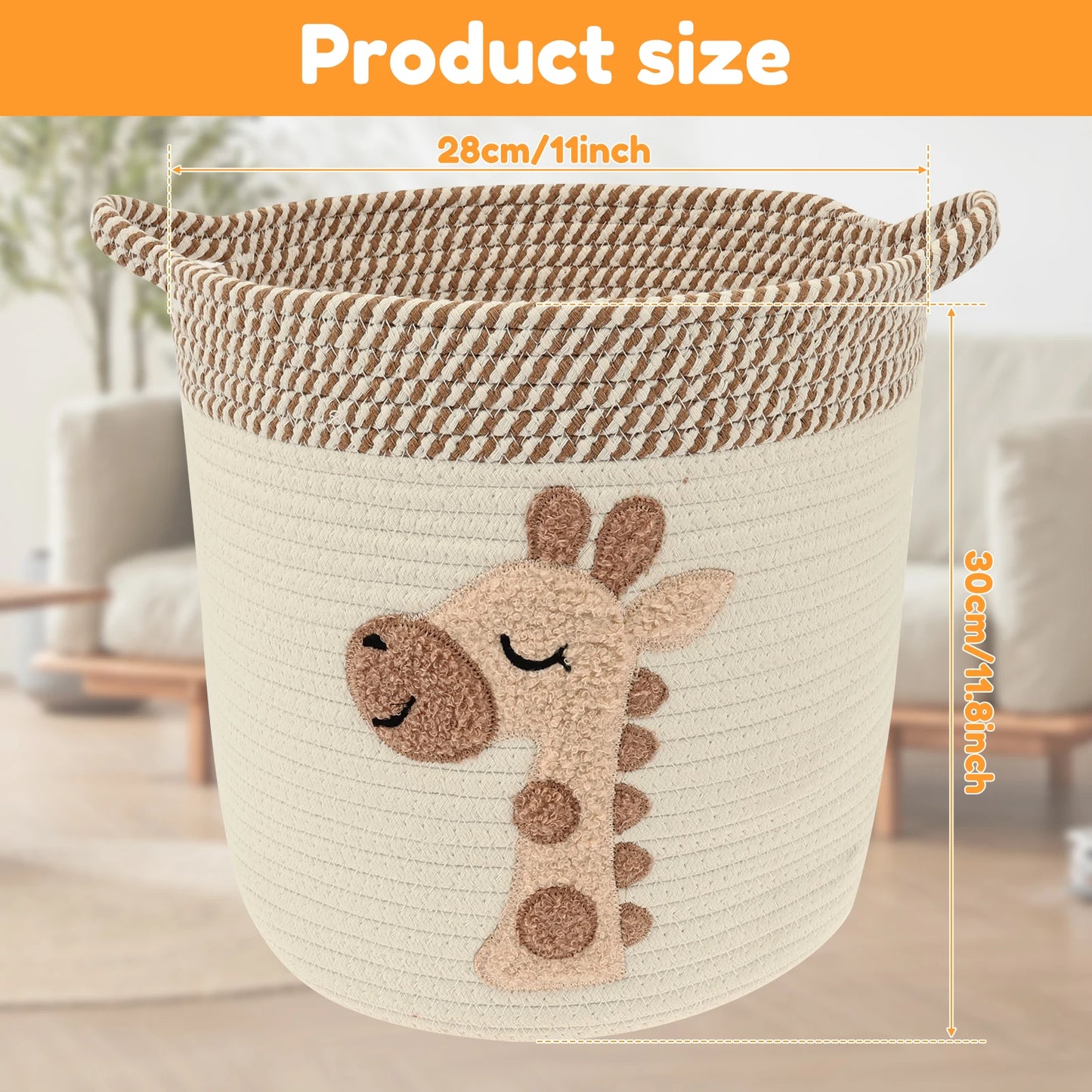 Storage Basket for Nursery – Large 29cmx29cm Cotton Rope Bin with Soft Felt Animal Patch – Toy Organizer, Baby Laundry Hamper, Diaper & Towel Holder – Foldable, Washable & Baby-Safe