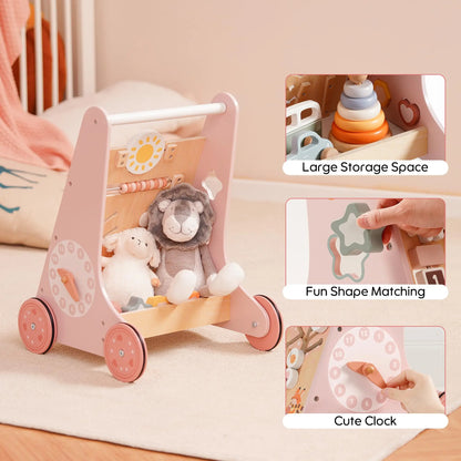 ROBOTIME ROBUD Wooden Baby Walker Baby Push Walker with Activity Center and Storage Montessori Walker Toy for Boys and Girls