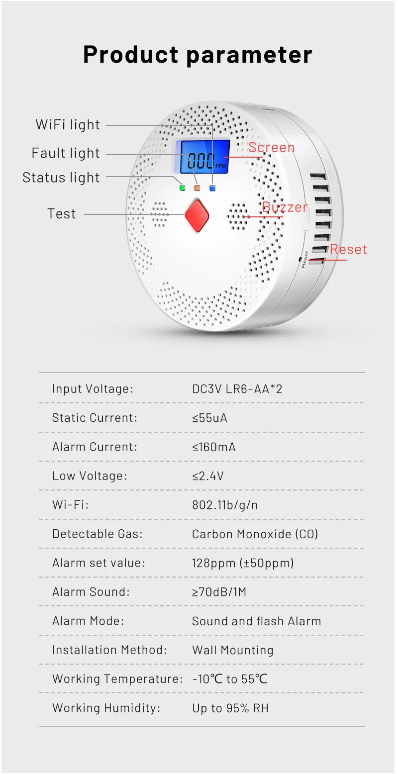 Tuya WiFi Smart Carbon Monoxide Detector Alarm 85dB Sound Warning LCD Digital Display Home Indoor CO Poisoning Siren