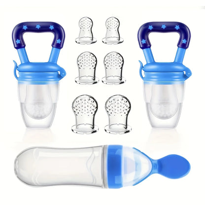 9pcs Baby Feeding Set: 1pc Silicone Squeeze Feeding Bottle With Spoon, 2pcs Fruit Feeder Pacifiers, 6pcs Mesh Pouches (2pcs S+2p