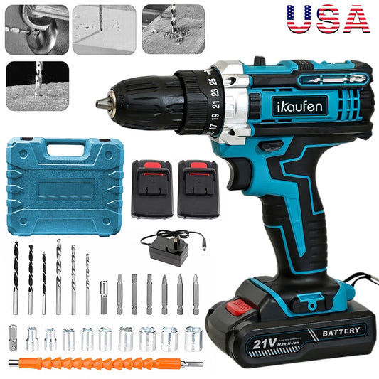 Cordless Drill: Multifunctional 21V rechargeable impact drill lithium battery cross-border flashlight gun drill electric screwdriver electric dr