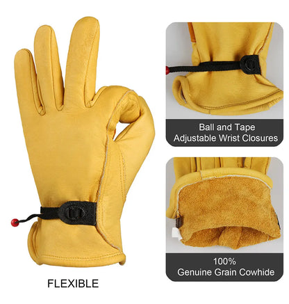 Men's HydraHyde Leather Winter Work Gloves | Water-Resistant | Insulated Cow Leather Work Glove Soft Cowhide Welding Security Protection Gloves Workers Mechanic Driver Hunting Driving Farm Garden Glove