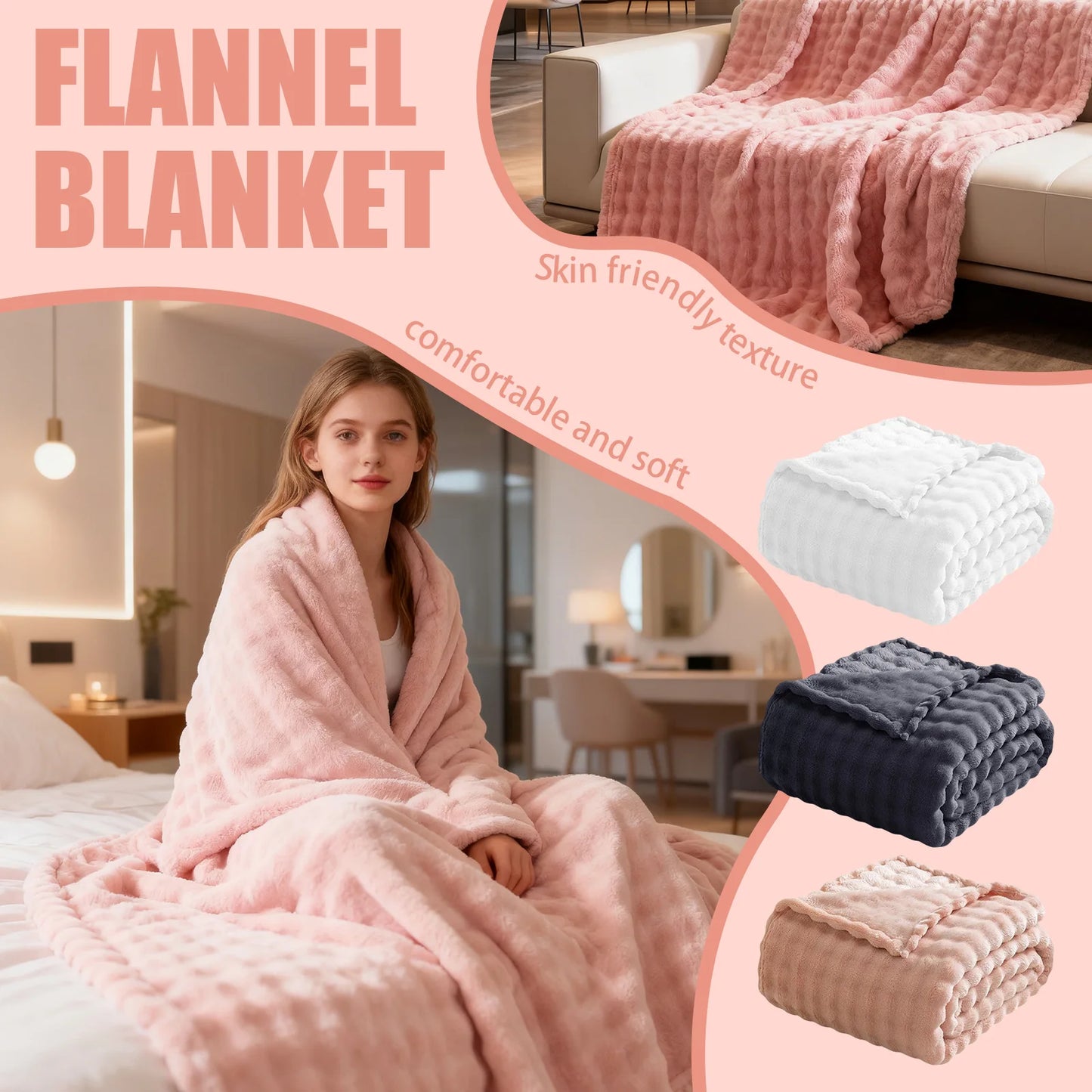 3D Fleece Bubble Blanket for Couch - GentleSoft Grey Throw Blanket for Sofa Bed Room Decor - Luxury Soft Cozy Gifts for Women, Lightweight, All Seasons