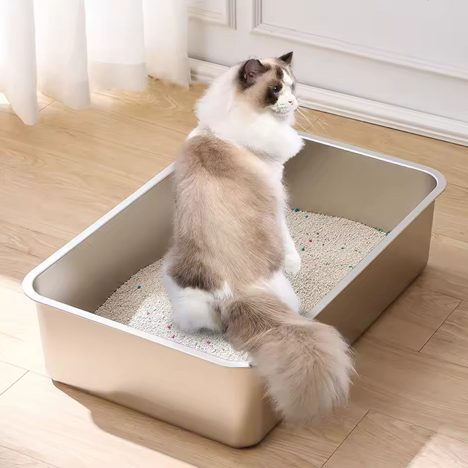Stainless Steel Cat Litter Box - Large Metal High-Sided Pan for Cats, Pets, Non-Stick, Odor-Free, Easy to Clean, Splash-Proof