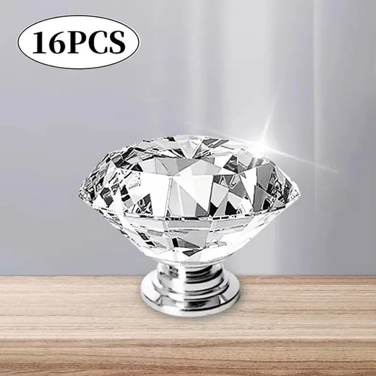 Passage Glass Door Knobs Interior, 16Pcs Diamond Furniture Door Knobs Crystal Glass Pot Cover Handles Cabinet Pull Decorative for Dresser Cupboard Wardrobe
