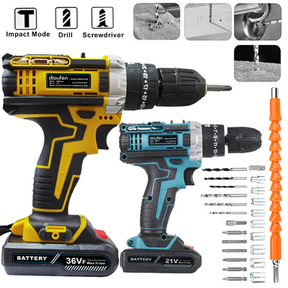 Cordless Drill: Multifunctional 21V rechargeable impact drill lithium battery cross-border flashlight gun drill electric screwdriver electric dr