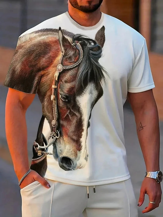Black White Horse Graphic 3d Full Print T-shirt For Men Fashion Short Sleeve Crew Neck Tshirt Casual Summer Oversized Unisex Top