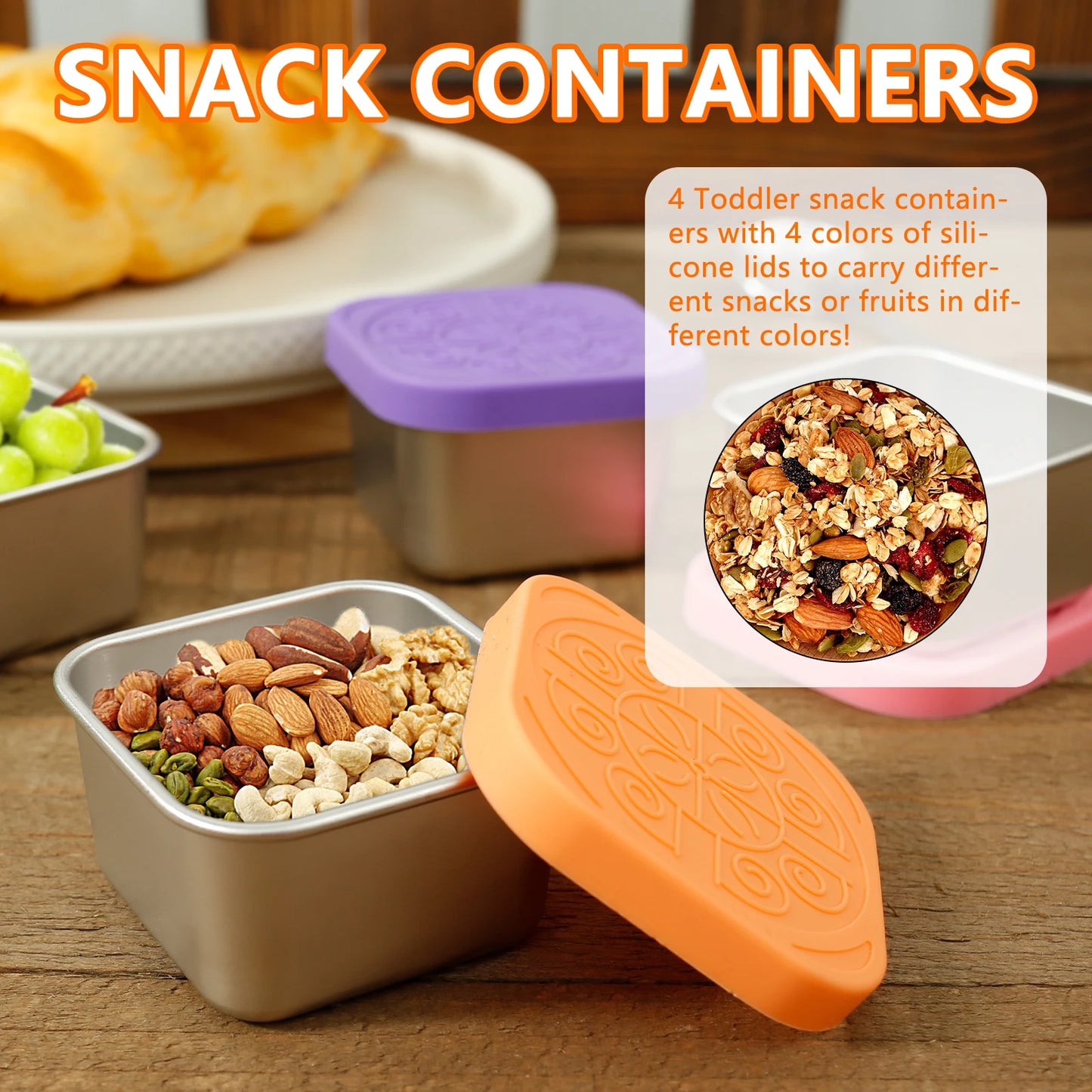4Pcs 2/6oz Stainless Steel Snack Container Sauce Container with Silicone Lids Leakproof Portable Stackable Dressing Food Storage