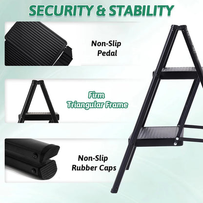 2/3 Step Foldable Step Ladder with Handgrip, 330 lbs Capacity, Anti-Slip Pedal, Lightweight & Portable for Home, Kitchen, Office, Garage