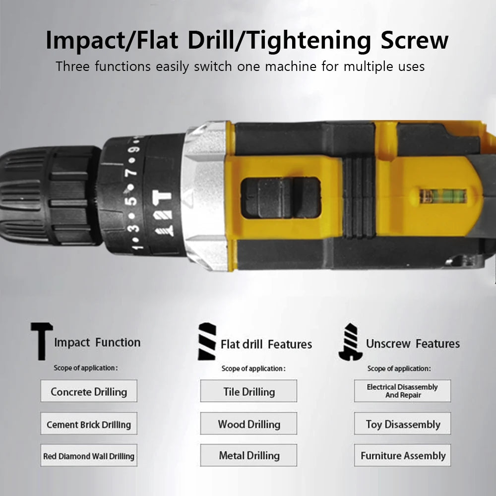 Cordless Drill: Multifunctional 21V rechargeable impact drill lithium battery cross-border flashlight gun drill electric screwdriver electric dr