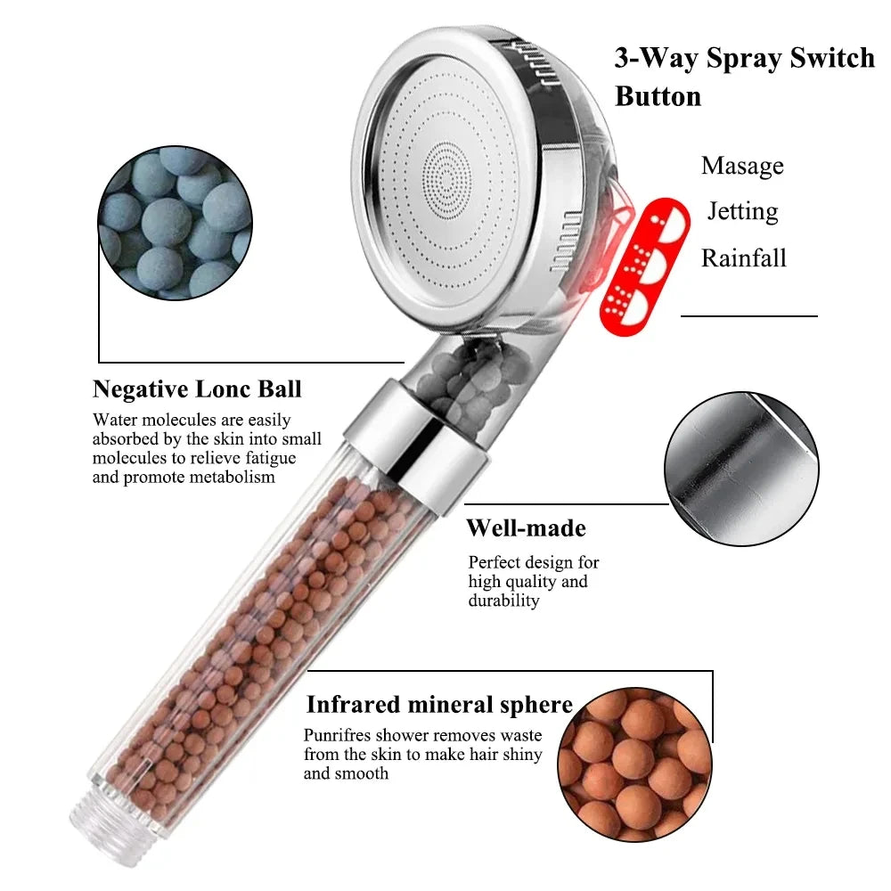 Filtered Shower Head with Handheld, New 3 Functions High Pressure SPA Water Saving Handheld Rainfall Anion Filter Shower
