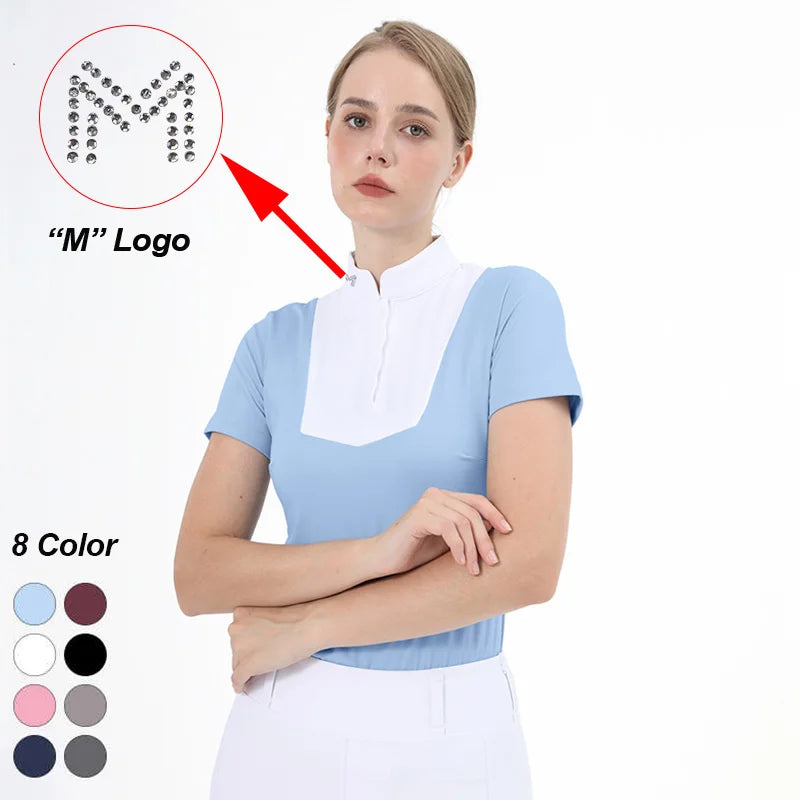 M LOGO Equestrian t-Shirts Short Sleeve Tops Horse Riding Clothing Women Button Training Rider Blouse Competition Show Top