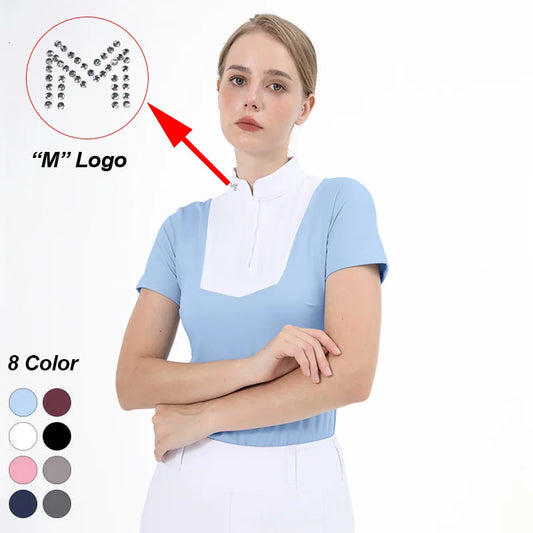 M LOGO Equestrian t-Shirts Short Sleeve Tops Horse Riding Clothing Women Button Training Rider Blouse Competition Show Top