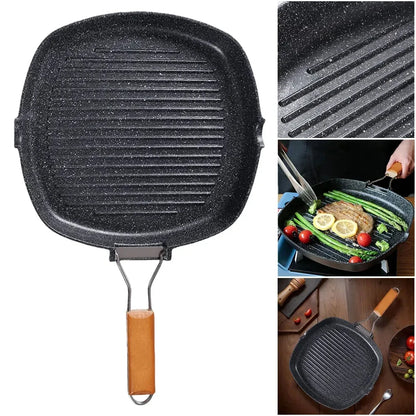 Foldable Portable Frying Pan Picnic Grill Pan Anti-scald Wooden Handle Outdoor Grill Pan Double Mouth Steak Pan(No Lid)